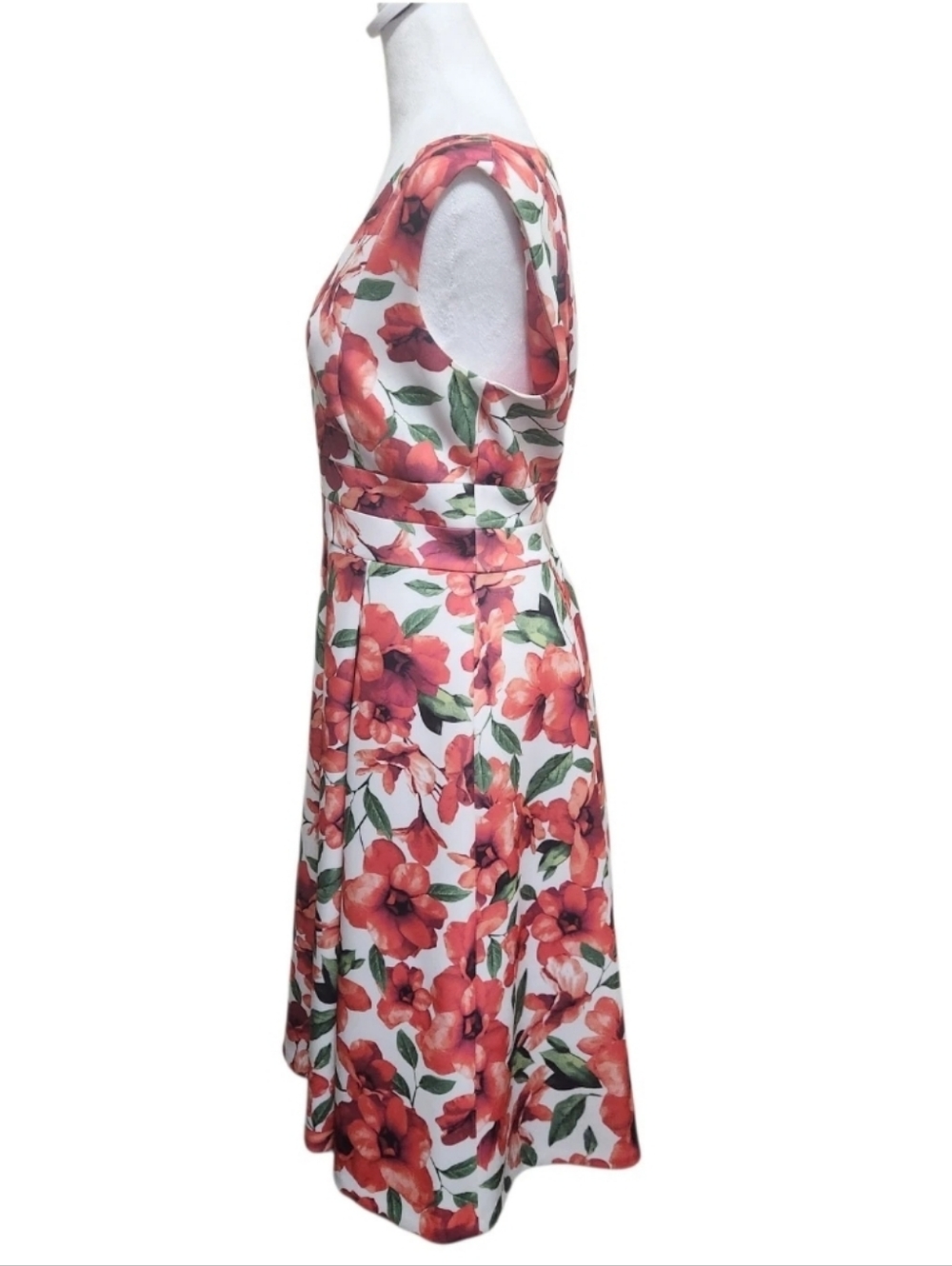 Calvin Klein Floral Fit Flare Dress Womens 10 Red White Pleated Stretch Midi - Picture 4 of 16